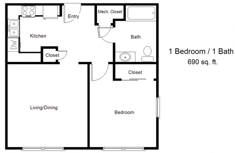 Floor plan for 1 bed, 1 bath, 690 sqft